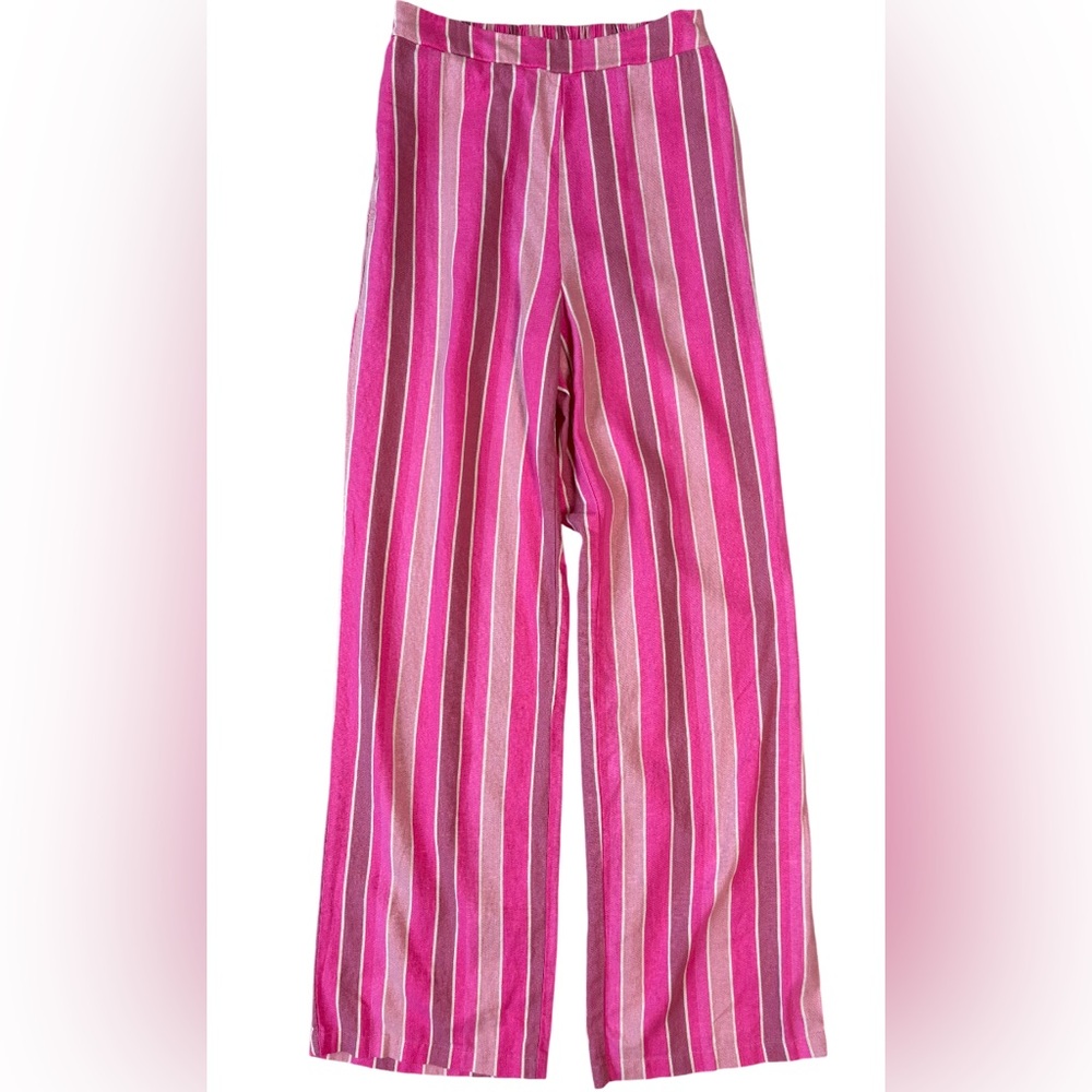 HG Linen Blend Striped Pull On Pants Pink Size S